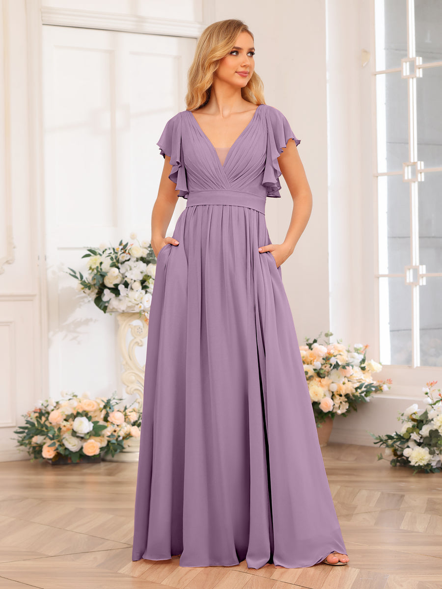 Vestidos Longos de Festa de Casamento com Decote Em V A-Line/Princesa com Laterais Divididas e Bolsos