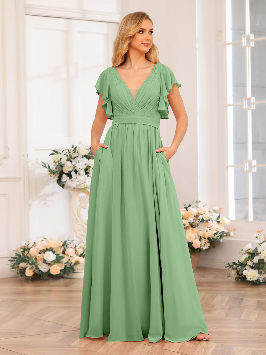 Vestidos Longos de Festa de Casamento com Decote Em V A-Line/Princesa com Laterais Divididas e Bolsos