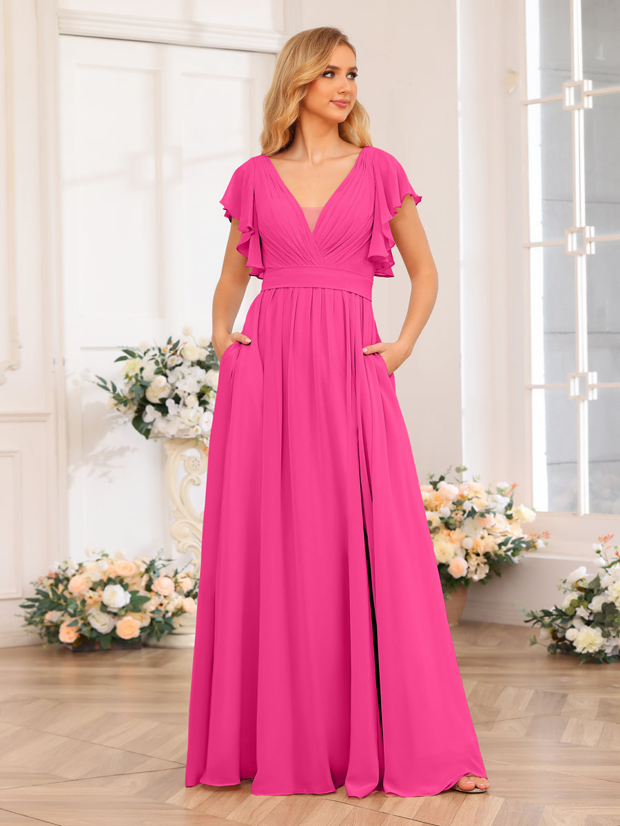 Vestidos Longos de Festa de Casamento com Decote Em V A-Line/Princesa com Laterais Divididas e Bolsos