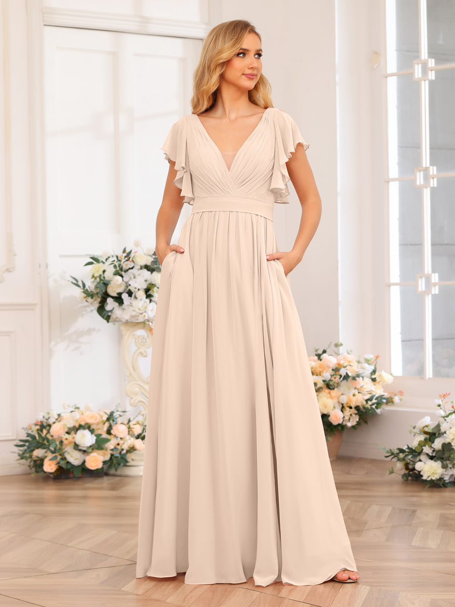 Vestidos Longos de Festa de Casamento com Decote Em V A-Line/Princesa com Laterais Divididas e Bolsos