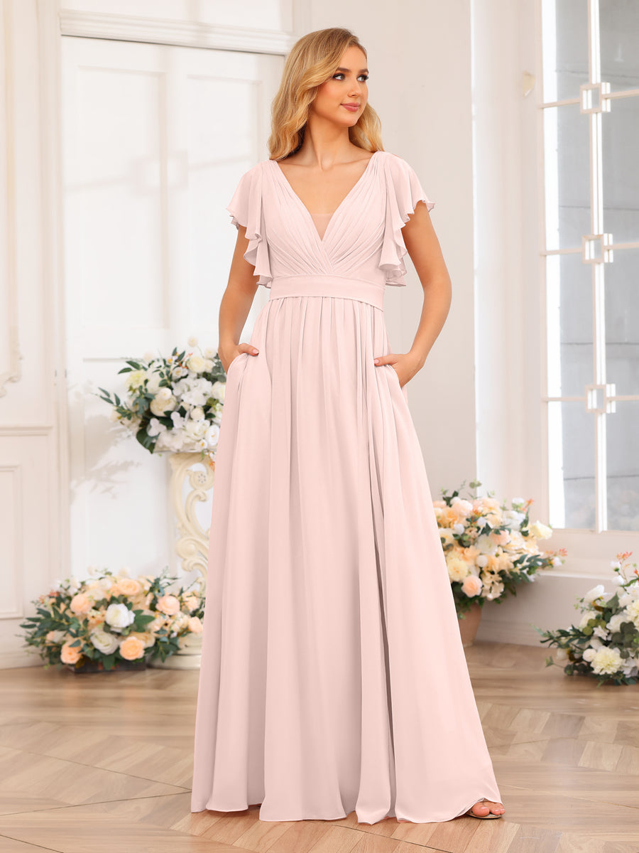 Vestidos Longos de Festa de Casamento com Decote Em V A-Line/Princesa com Laterais Divididas e Bolsos
