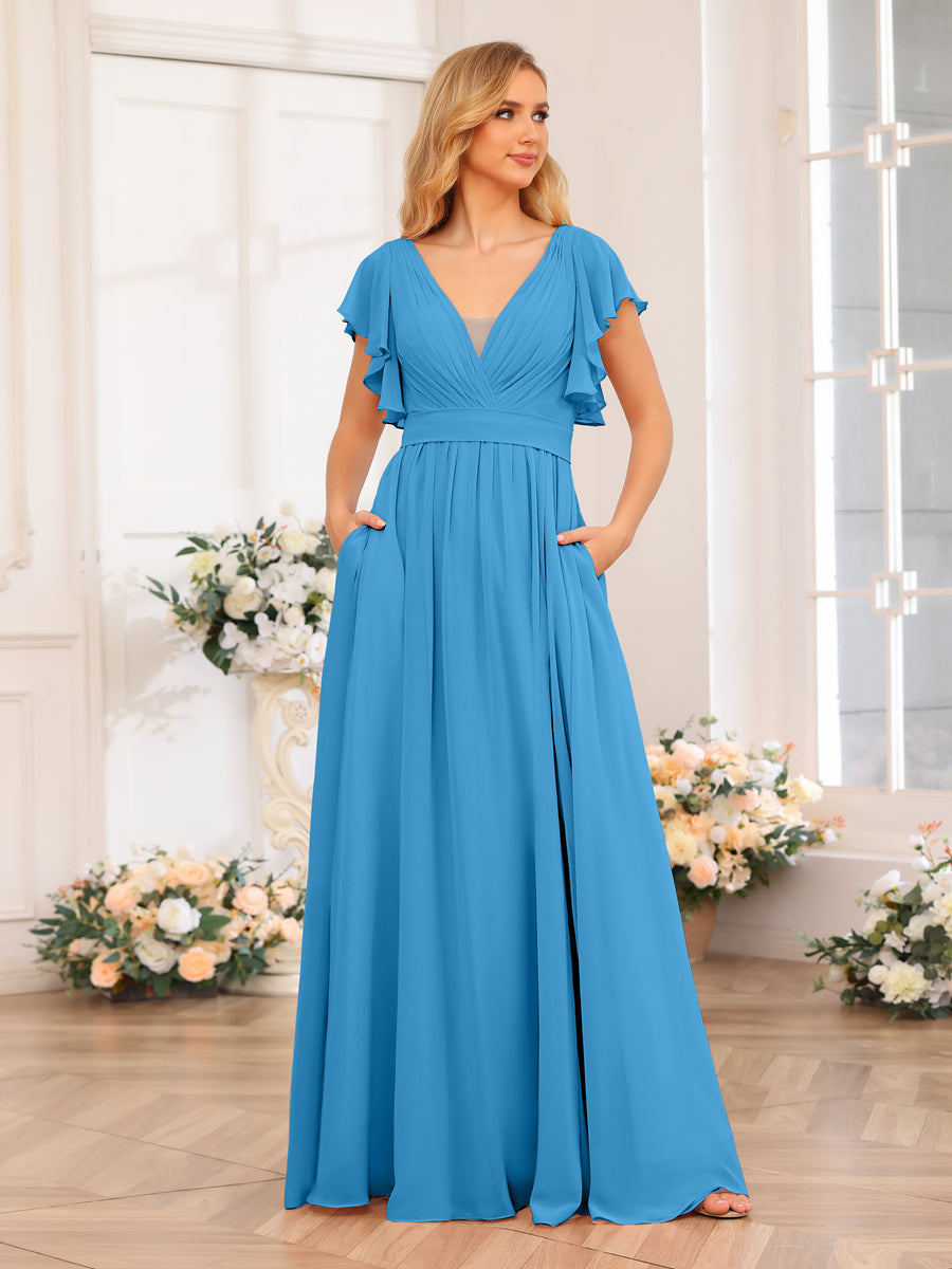 Vestidos Longos de Festa de Casamento com Decote Em V A-Line/Princesa com Laterais Divididas e Bolsos