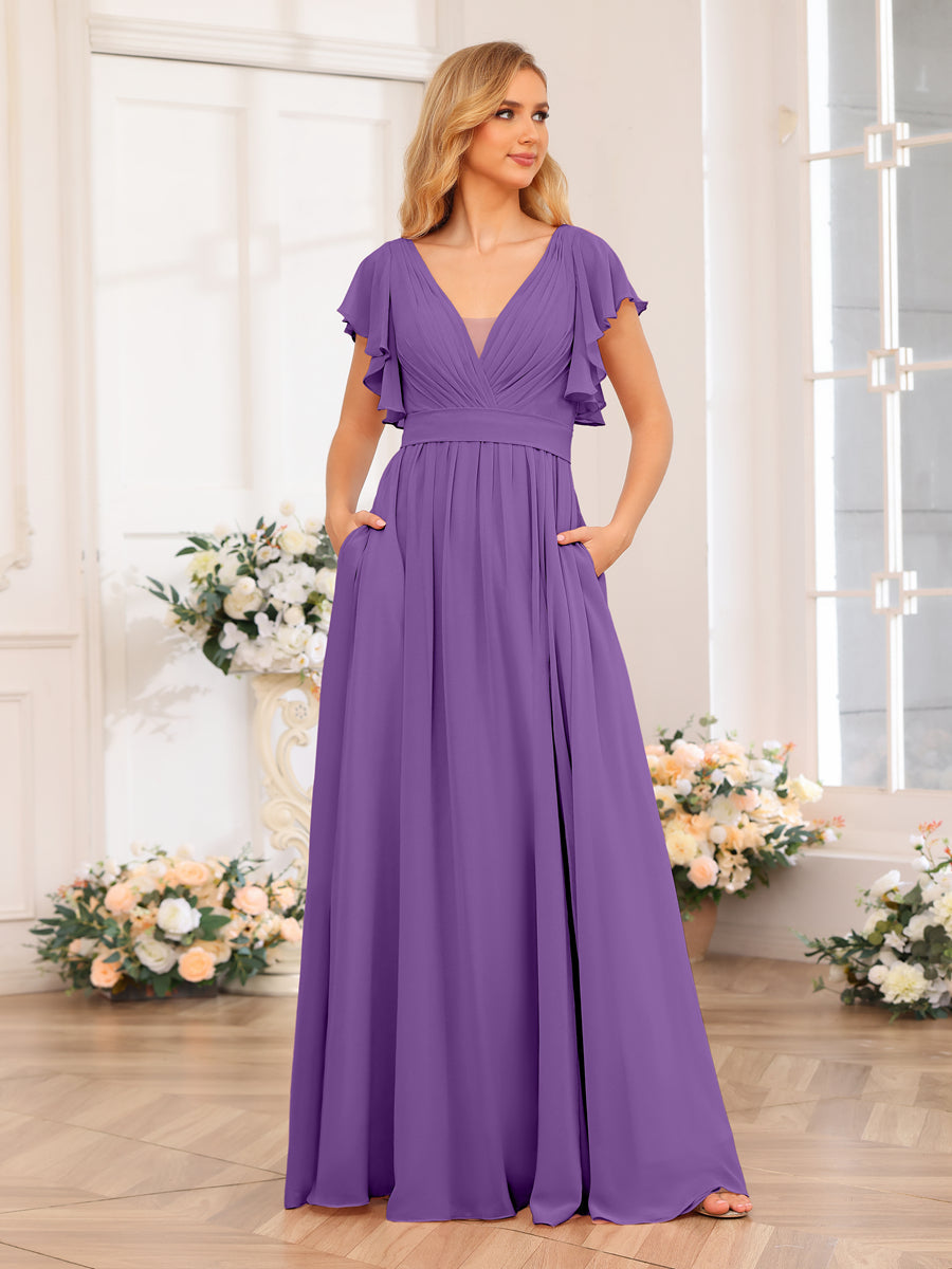Vestidos Longos de Festa de Casamento com Decote Em V A-Line/Princesa com Laterais Divididas e Bolsos