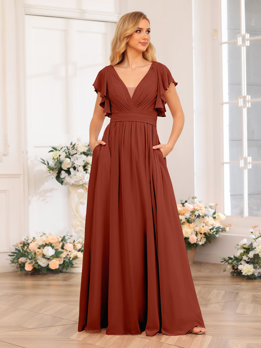 Vestidos Longos de Festa de Casamento com Decote Em V A-Line/Princesa com Laterais Divididas e Bolsos