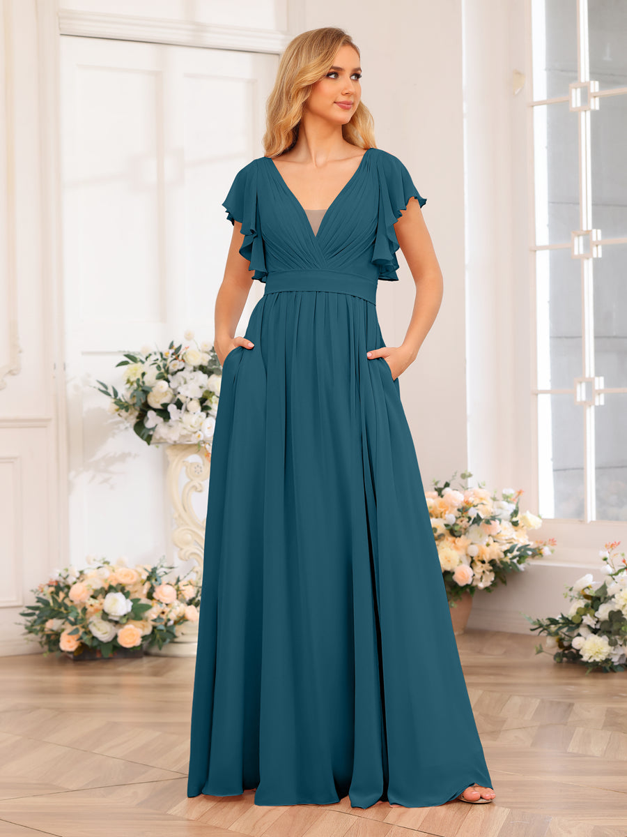 Vestidos Longos de Festa de Casamento com Decote Em V A-Line/Princesa com Laterais Divididas e Bolsos