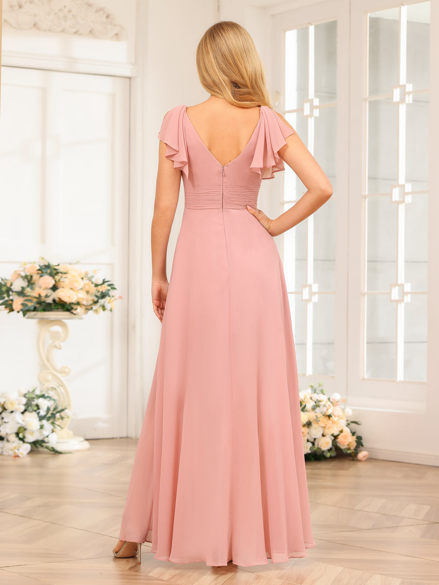 Vestidos Longos de Festa de Casamento Evasê/Princesa com Decote Em V e Babados