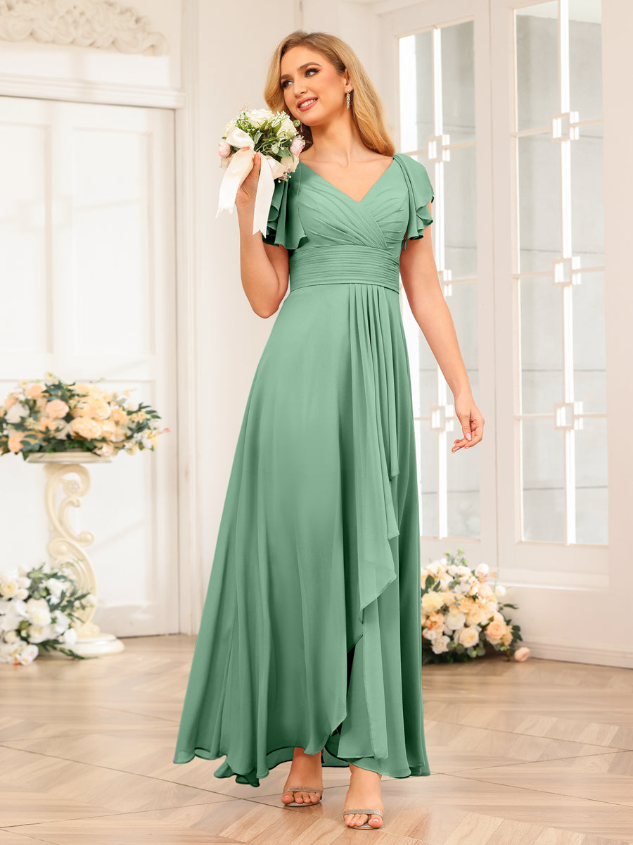 Vestidos Longos de Festa de Casamento Evasê/Princesa com Decote Em V e Babados