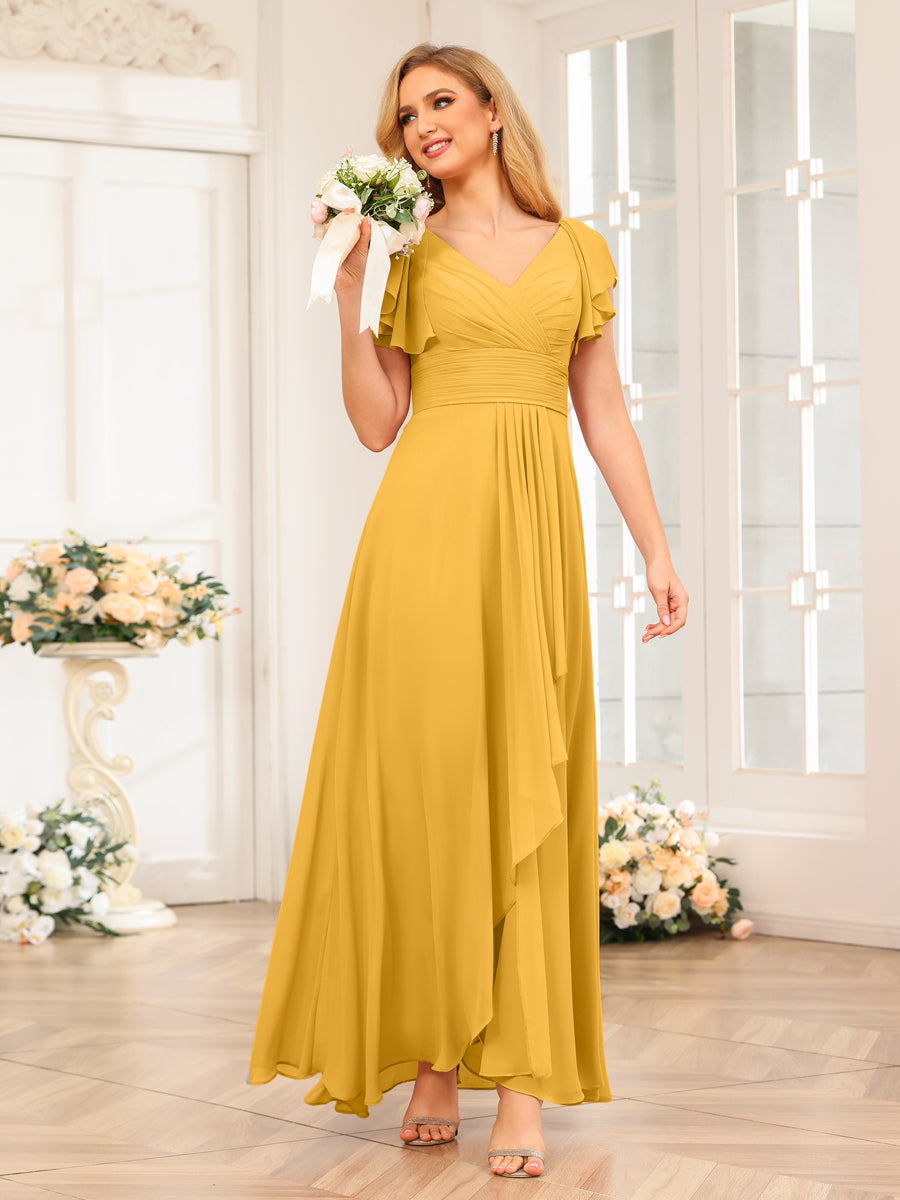Vestidos Longos de Festa de Casamento Evasê/Princesa com Decote Em V e Babados