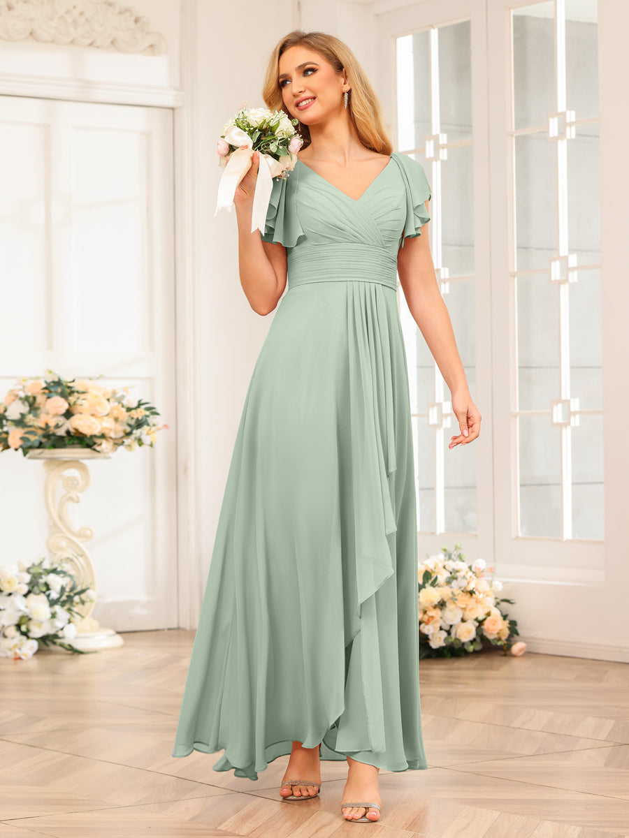 Vestidos Longos de Festa de Casamento Evasê/Princesa com Decote Em V e Babados