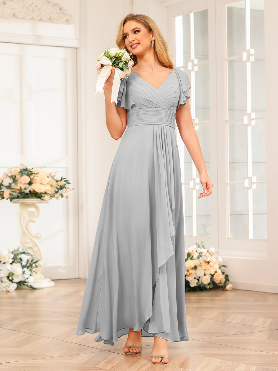 Vestidos Longos de Festa de Casamento Evasê/Princesa com Decote Em V e Babados