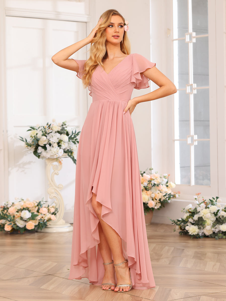 Vestidos Longos de Festa de Casamento Evasê/Princesa com Decote Em V e Babados