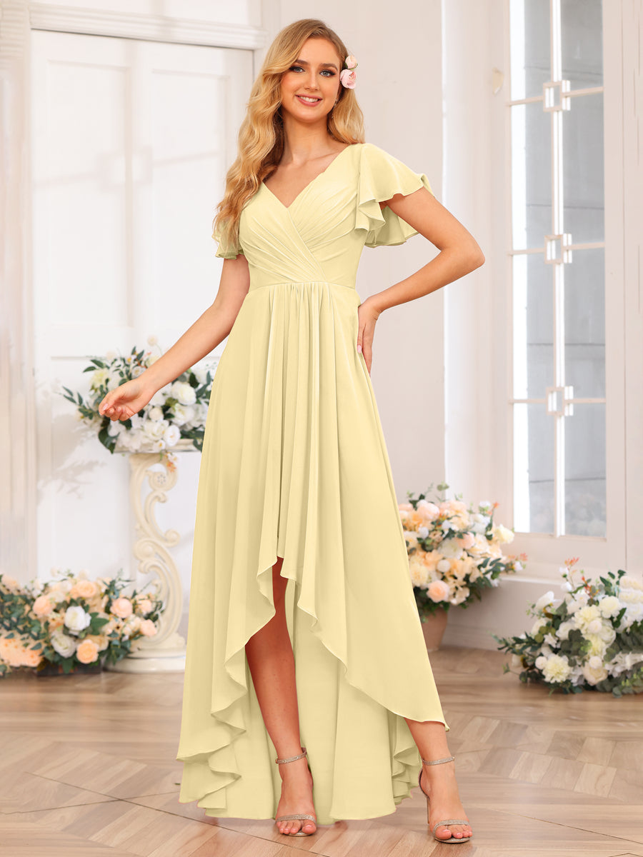 Vestidos Longos de Festa de Casamento Evasê/Princesa com Decote Em V e Babados