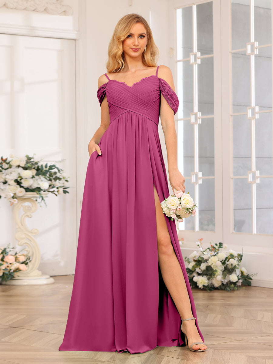 Vestidos Longos de Festa de Casamento com Alças Finas Evasê/Princesa com Laterais Divididas e Bolsos