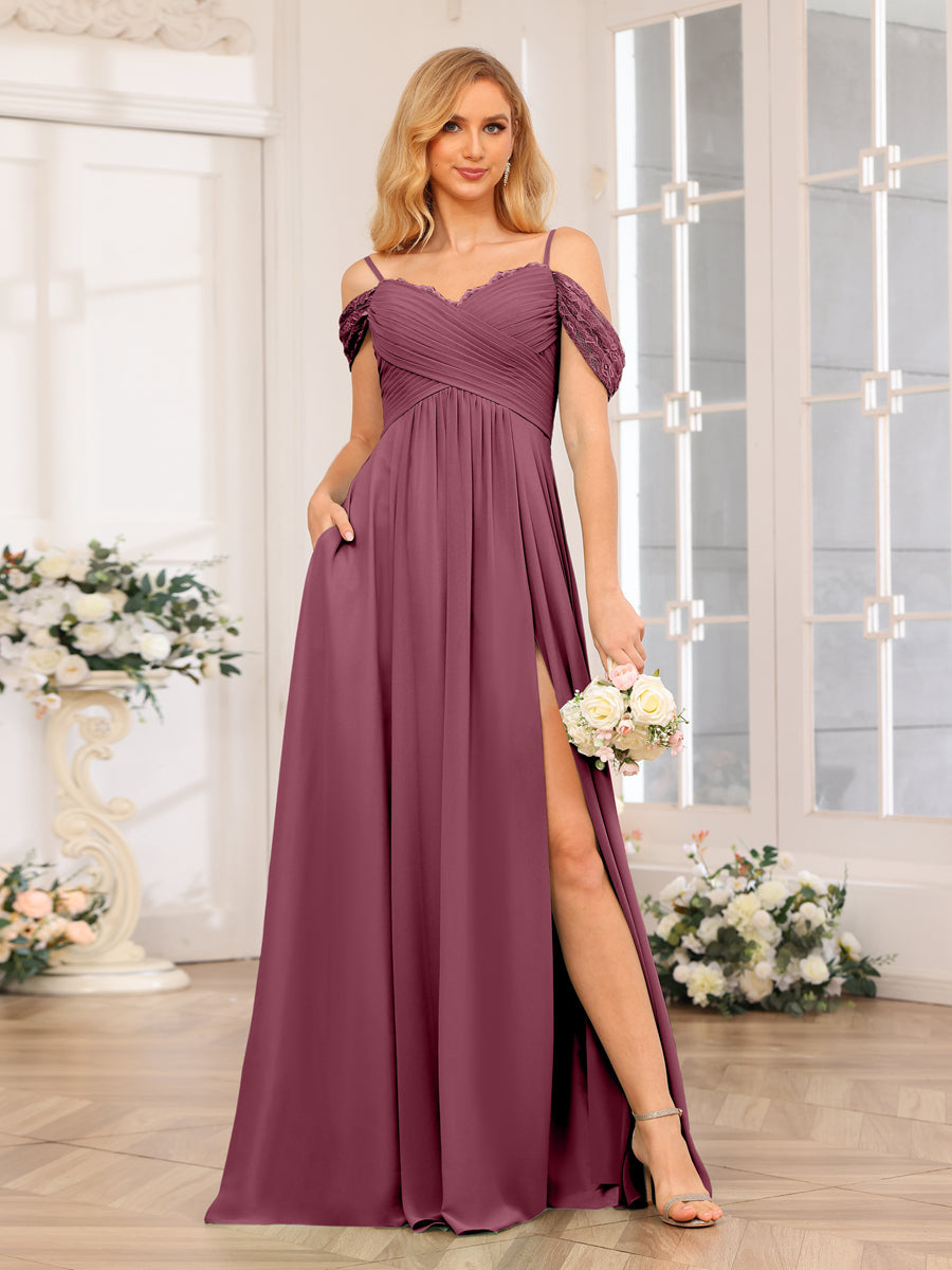 Vestidos Longos de Festa de Casamento com Alças Finas Evasê/Princesa com Laterais Divididas e Bolsos