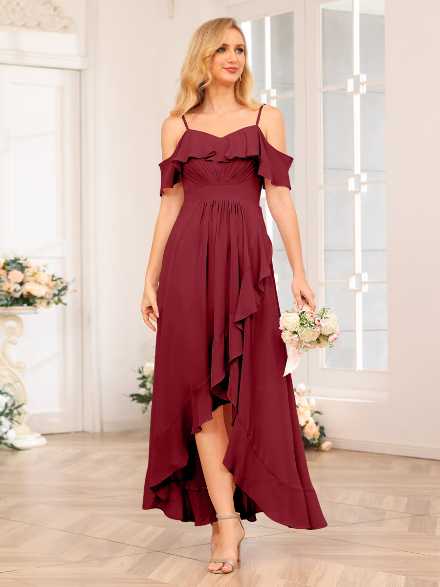 A-Line/Princesa Alças Finas Vestidos Longos de Festa de Casamento com Babados