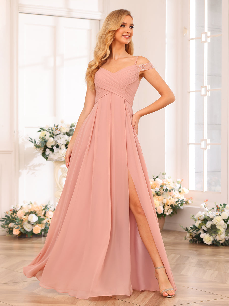 Vestidos Longos de Festa de Casamento com Alças Finas Evasê/Princesa com Laterais Divididas e Bolsos