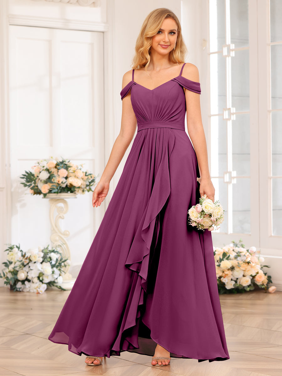 A-Line/Princesa Alças Finas Vestidos Longos de Festa de Casamento com Lado Dividido