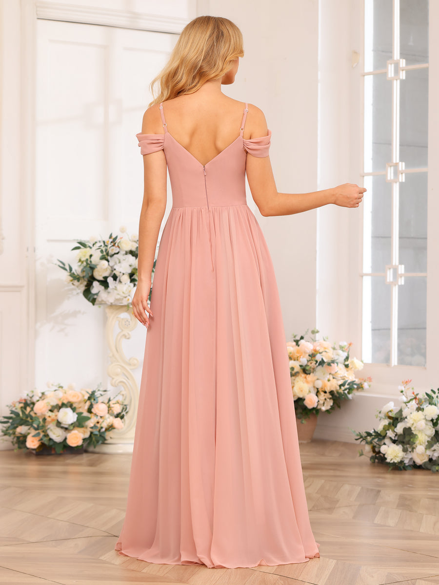 Vestidos Longos de Festa de Casamento com Alças Finas Evasê/Princesa com Laterais Divididas e Bolsos