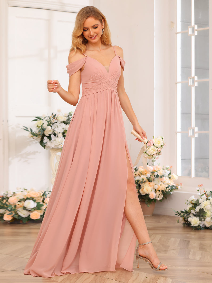 Vestidos Longos de Festa de Casamento com Alças Finas Evasê/Princesa com Laterais Divididas e Bolsos