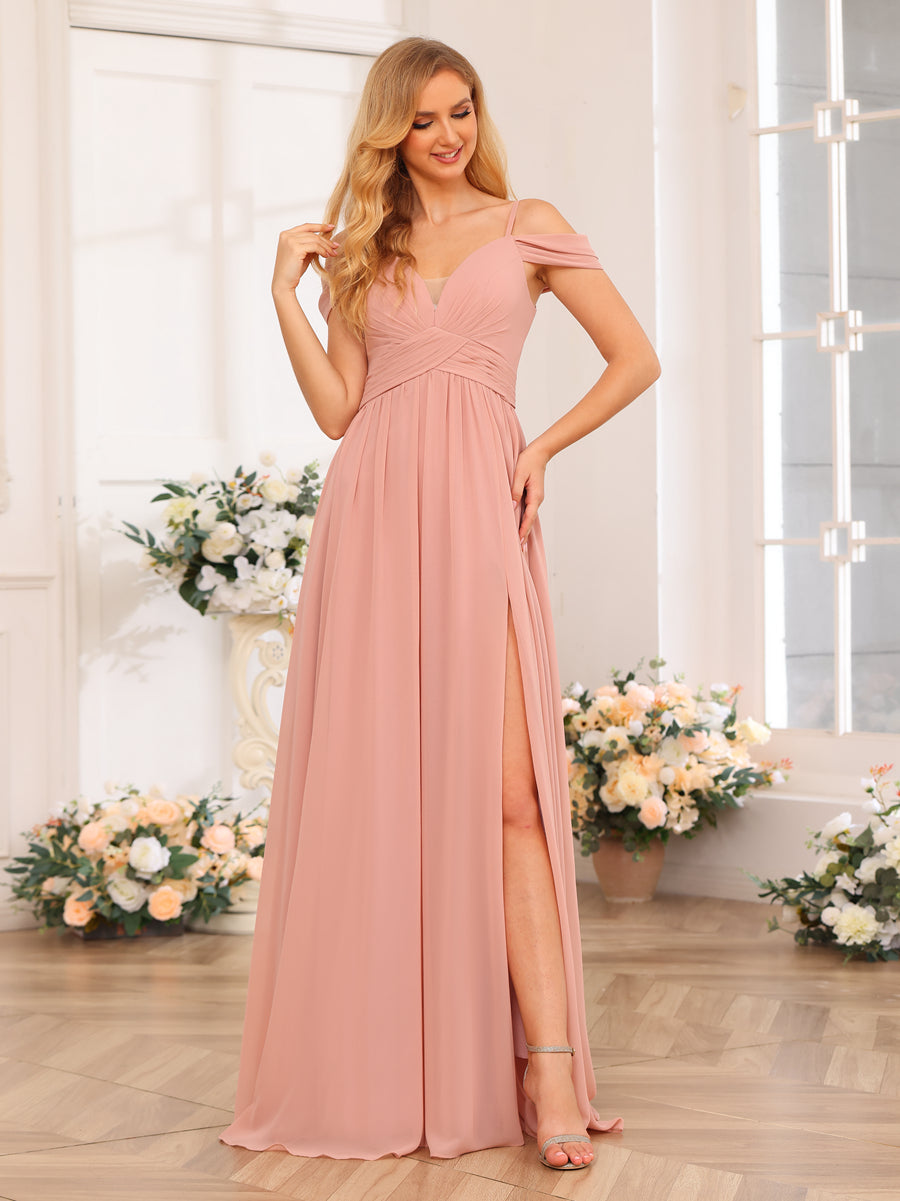 Vestidos Longos de Festa de Casamento com Alças Finas Evasê/Princesa com Laterais Divididas e Bolsos