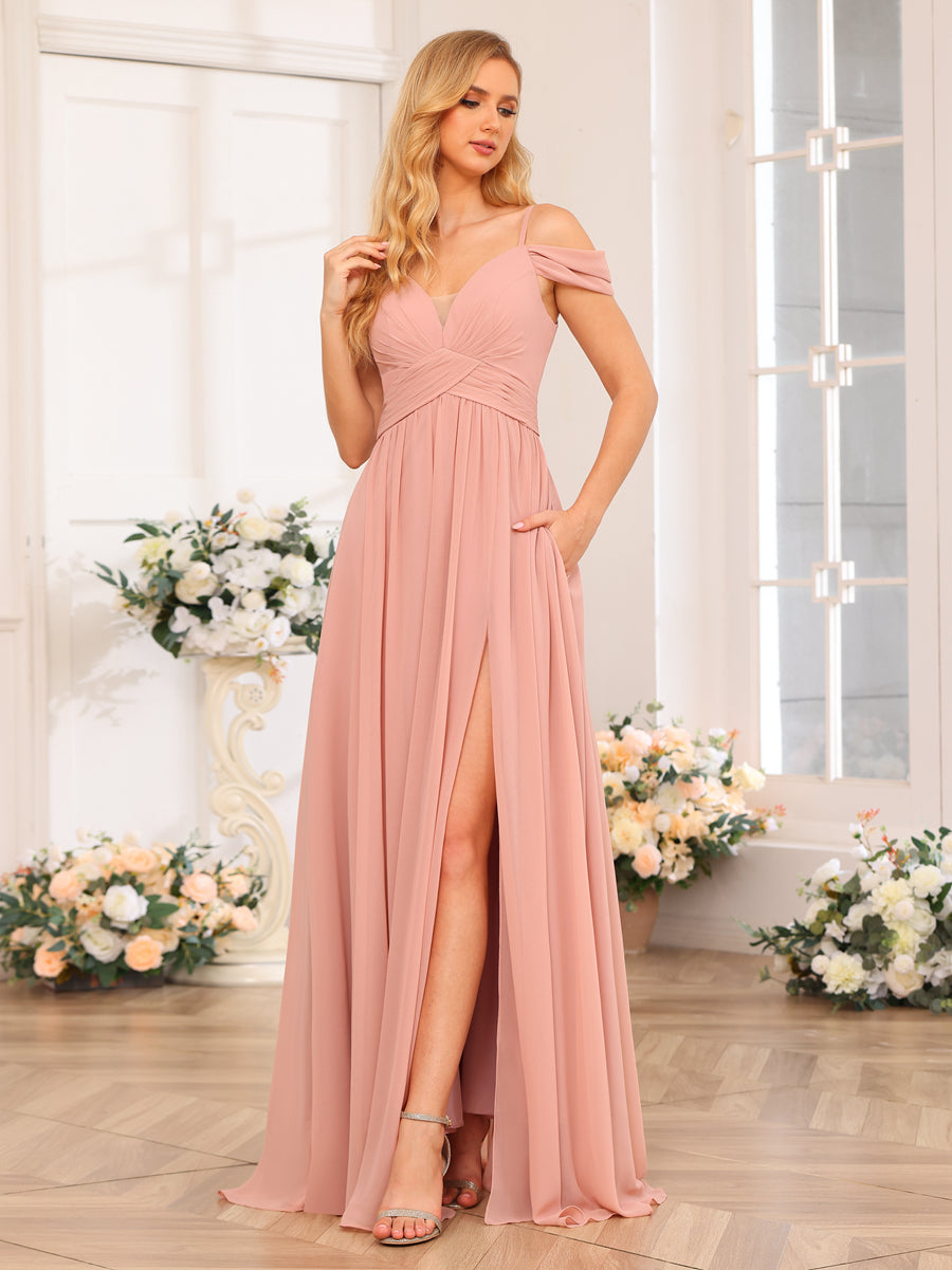 Vestidos Longos de Festa de Casamento com Alças Finas Evasê/Princesa com Laterais Divididas e Bolsos