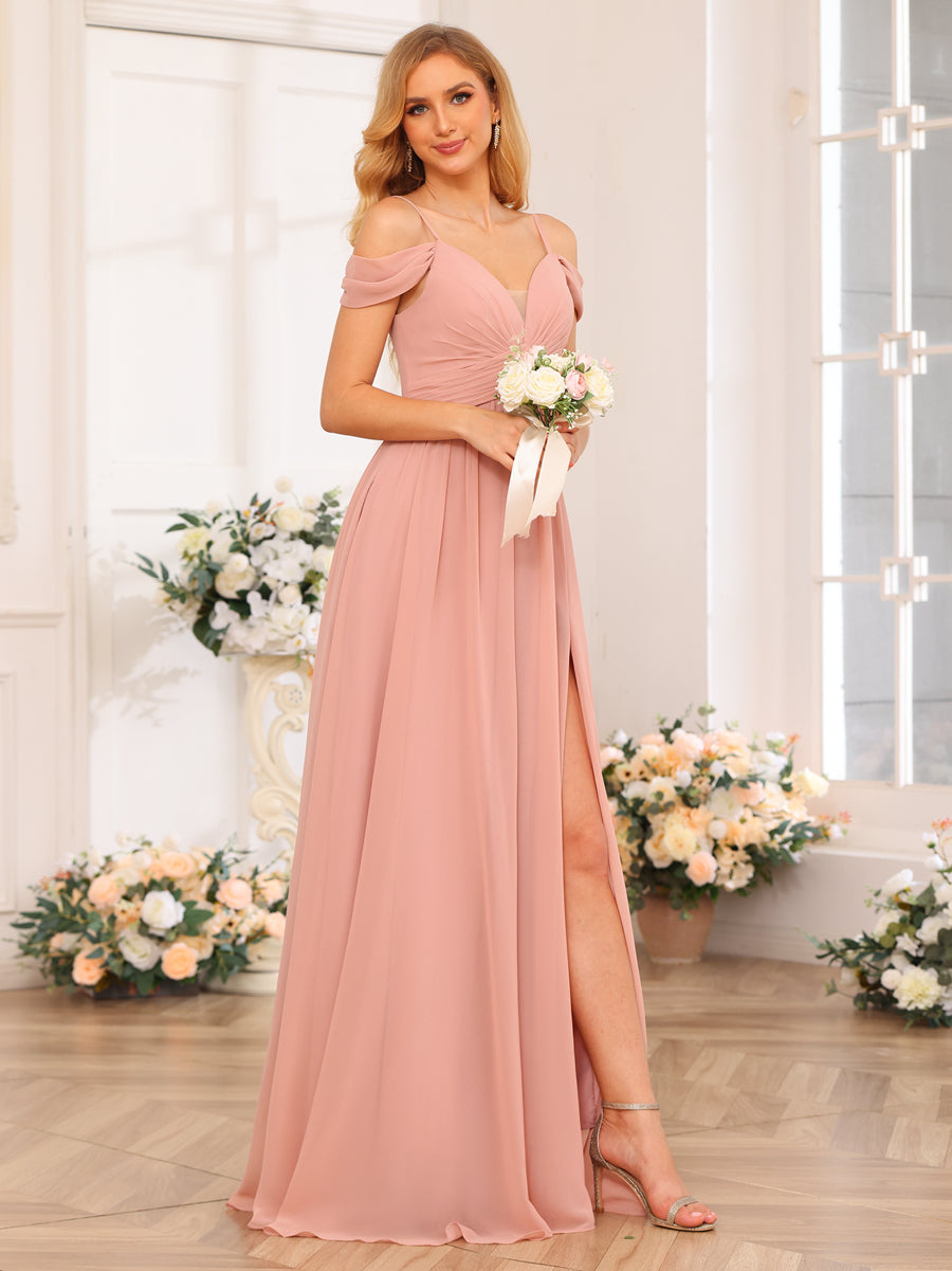 Vestidos Longos de Festa de Casamento com Alças Finas Evasê/Princesa com Laterais Divididas e Bolsos