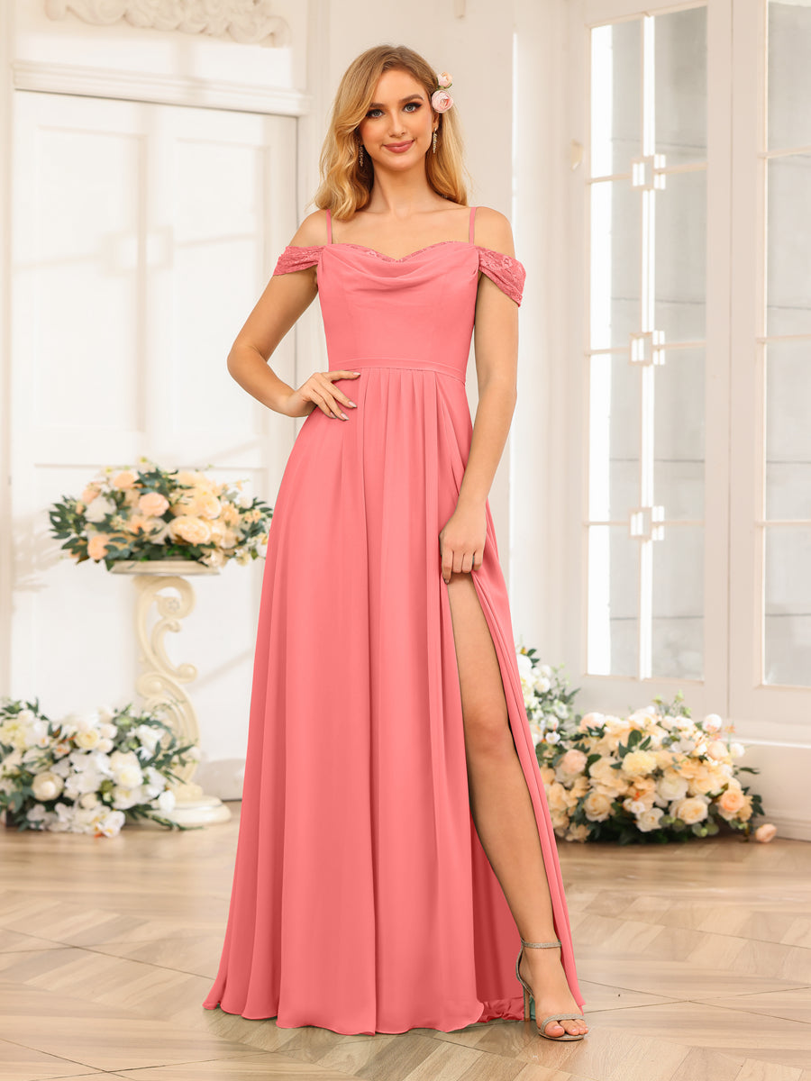 A-Line/Princesa Alças Finas Vestidos Longos de Festa de Casamento com Lado Dividido
