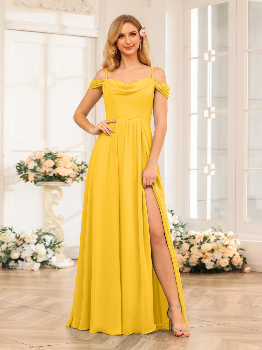 A-Line/Princesa Alças Finas Vestidos Longos de Festa de Casamento com Lado Dividido