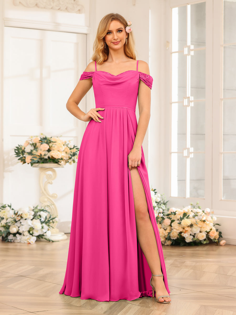 A-Line/Princesa Alças Finas Vestidos Longos de Festa de Casamento com Lado Dividido