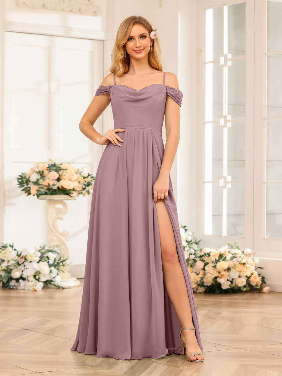A-Line/Princesa Alças Finas Vestidos Longos de Festa de Casamento com Lado Dividido