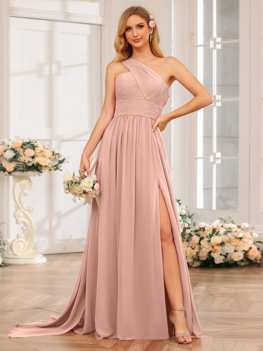 Vestidos Longos de Festa de Casamento com Um Ombro Só Corte A/Princesa e Cauda Watteau