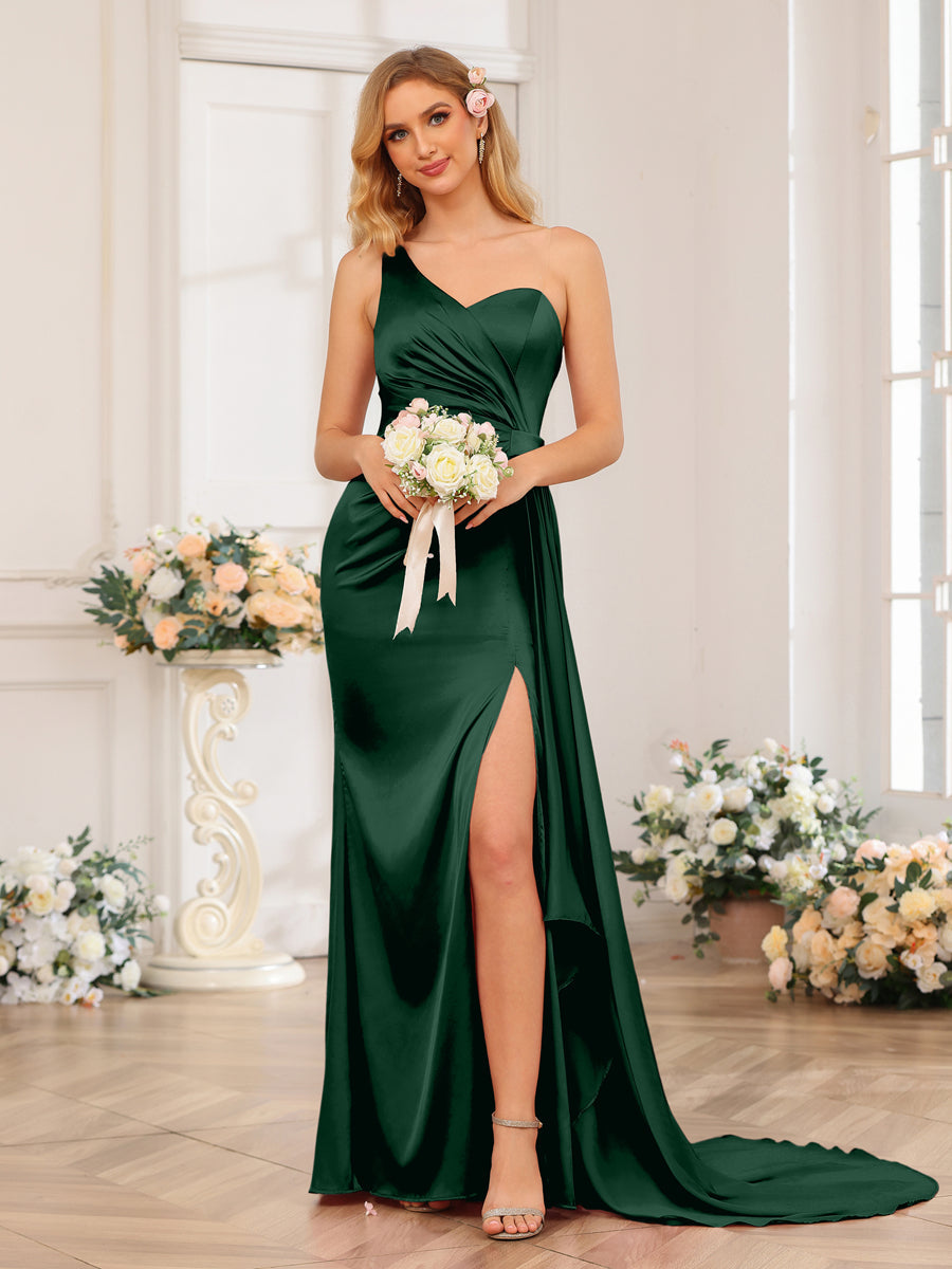 Vestidos Formais Longos de Um Ombro com Bainha/Coluna e Cauda Watteau