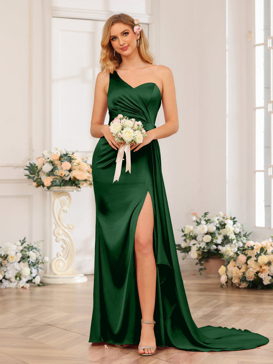 Vestidos Formais Longos de Um Ombro com Bainha/Coluna e Cauda Watteau