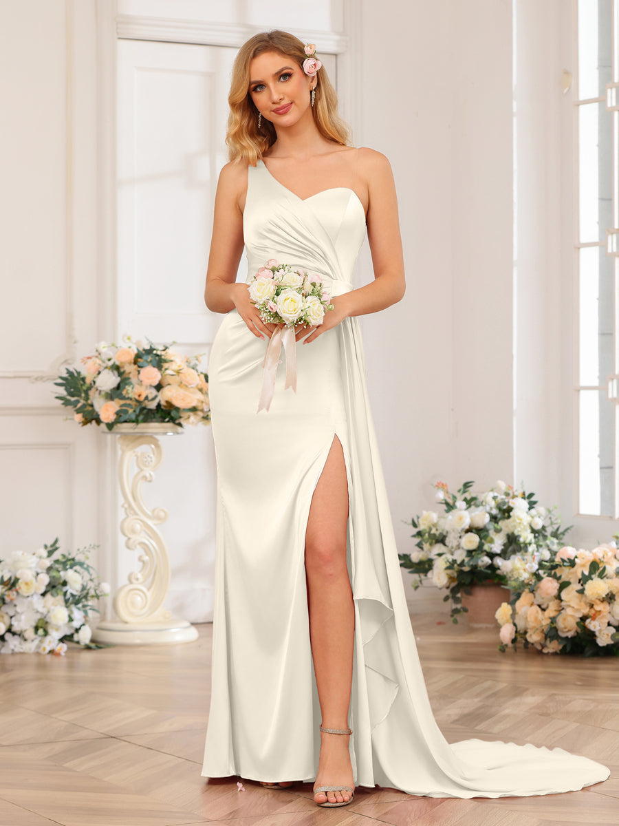 Vestidos Formais Longos de Um Ombro com Bainha/Coluna e Cauda Watteau