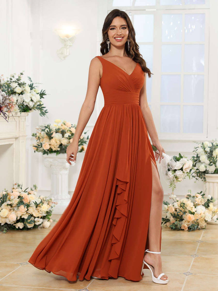 Vestidos Longos para Festa de Casamento com Decote em V e Fenda Lateral em Estilo A-Line/Princesa