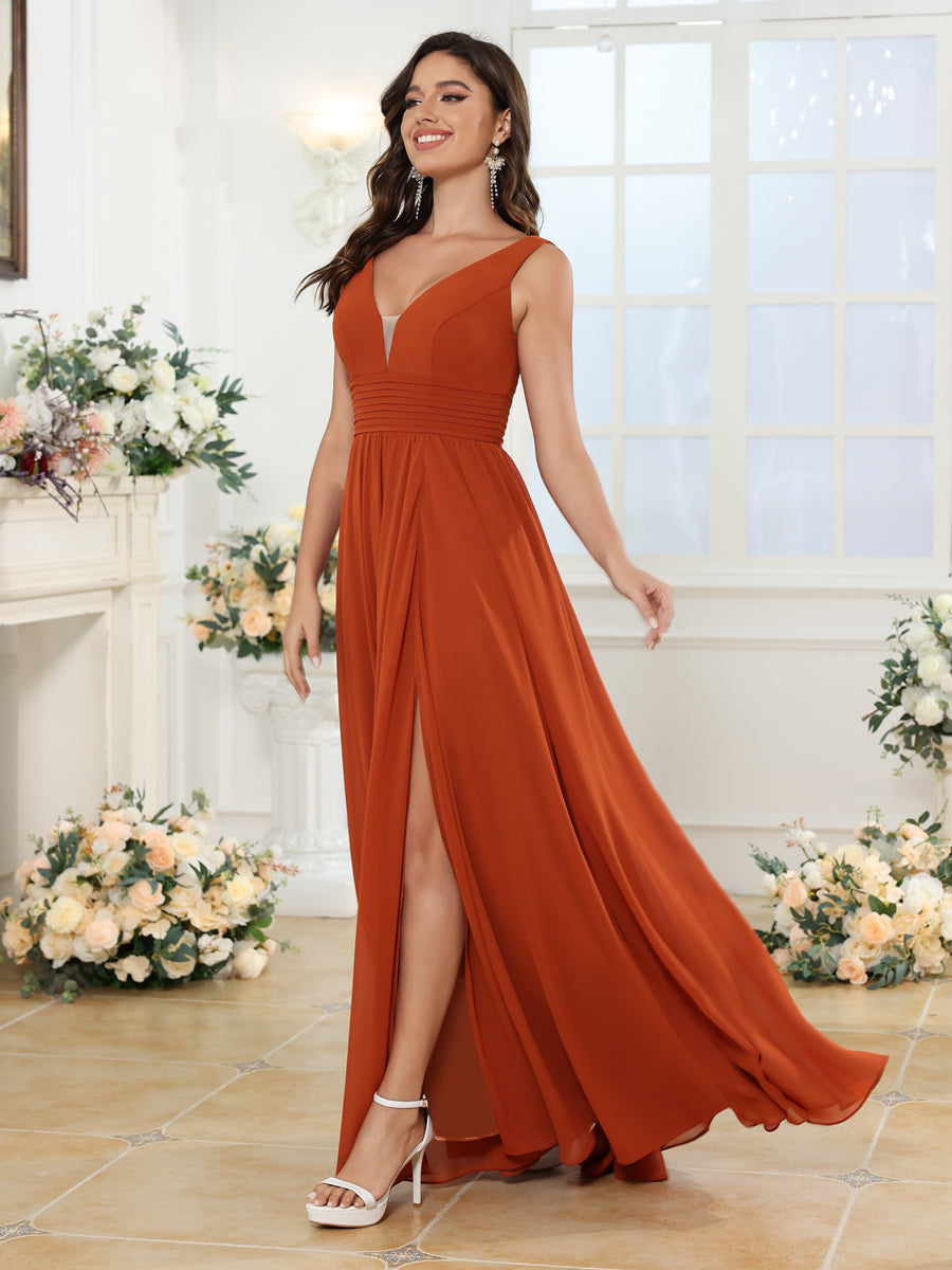 Vestidos Longos para Festa de Casamento com Decote em V e Fenda Lateral com Bolsos em Estilo A-Line/Princesa