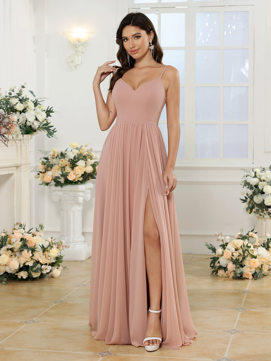 Vestidos Longos para Festa de Casamento com Alças Finas e Fenda Lateral em Estilo A-Line/Princesa
