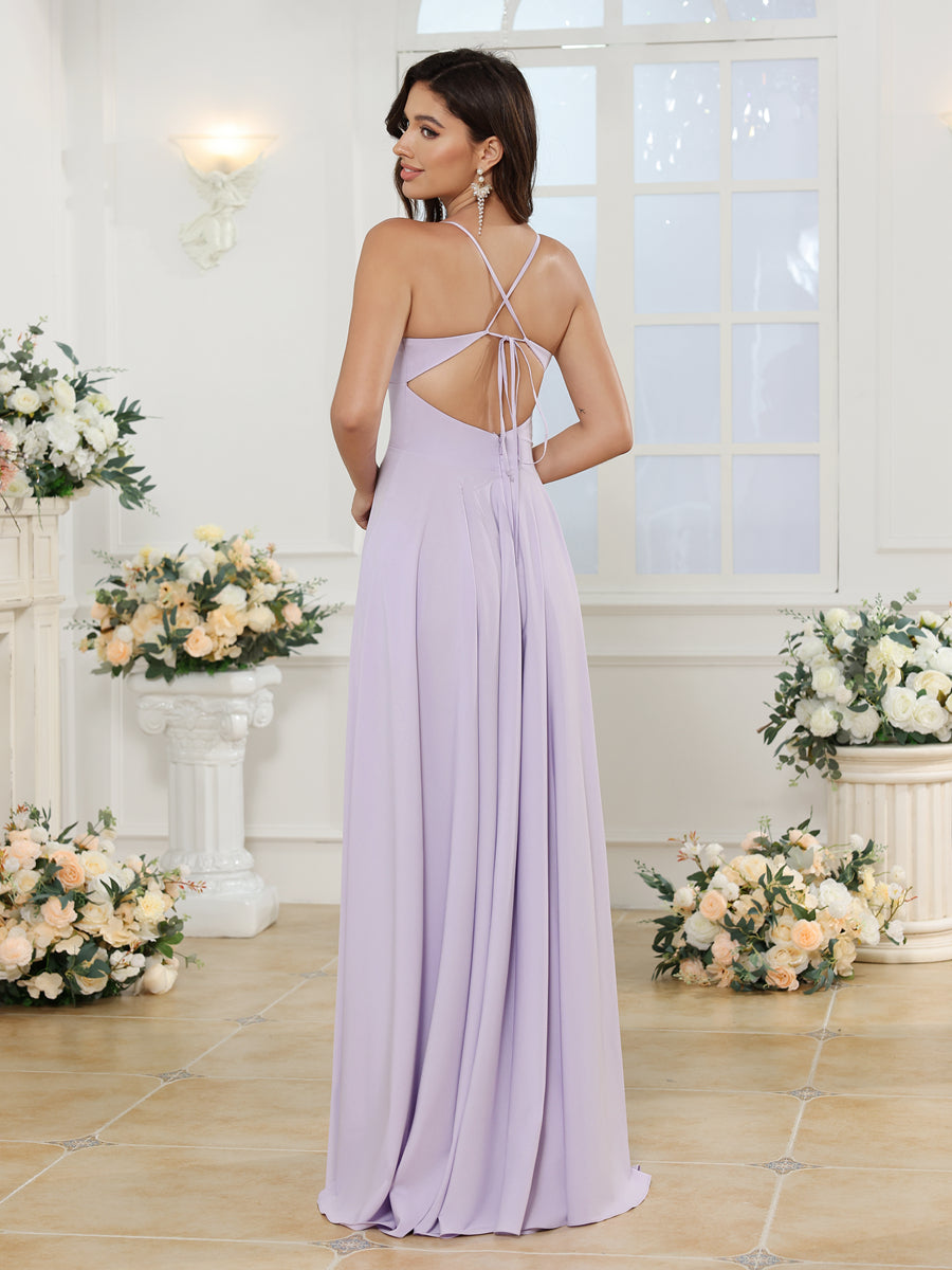 Vestidos Longos para Festa de Casamento com Alças Finas e Fenda Lateral em Estilo A-Line/Princesa