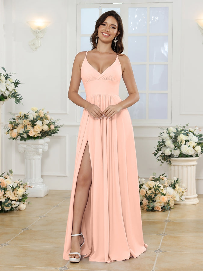 Vestidos Longos para Festa de Casamento com Alças Finas e Fenda Lateral em Estilo A-Line/Princesa