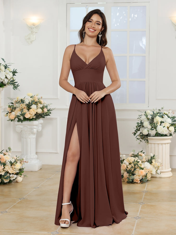Vestidos Longos para Festa de Casamento com Alças Finas e Fenda Lateral em Estilo A-Line/Princesa