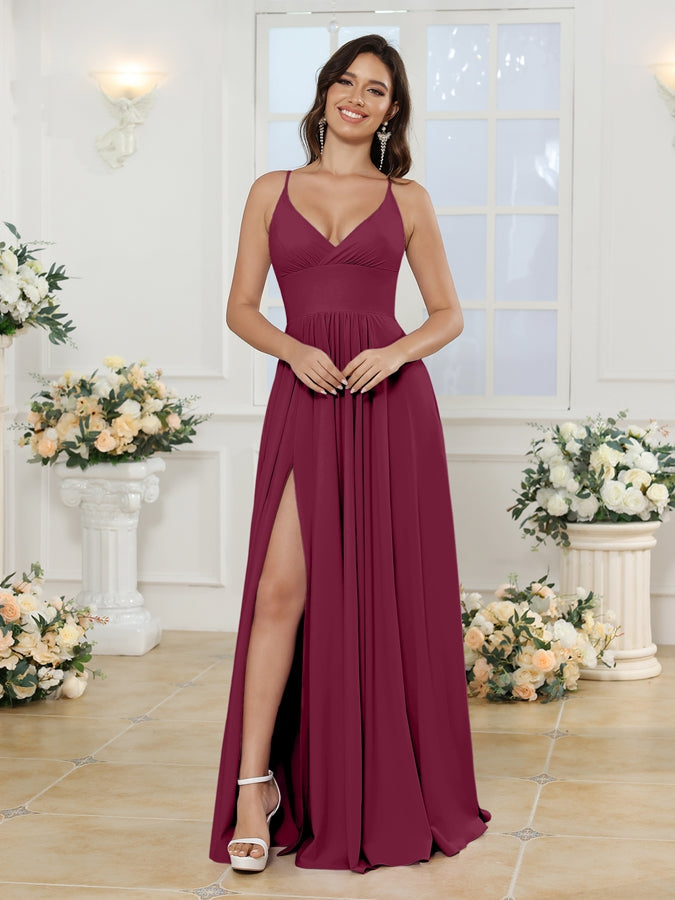 Vestidos Longos para Festa de Casamento com Alças Finas e Fenda Lateral em Estilo A-Line/Princesa