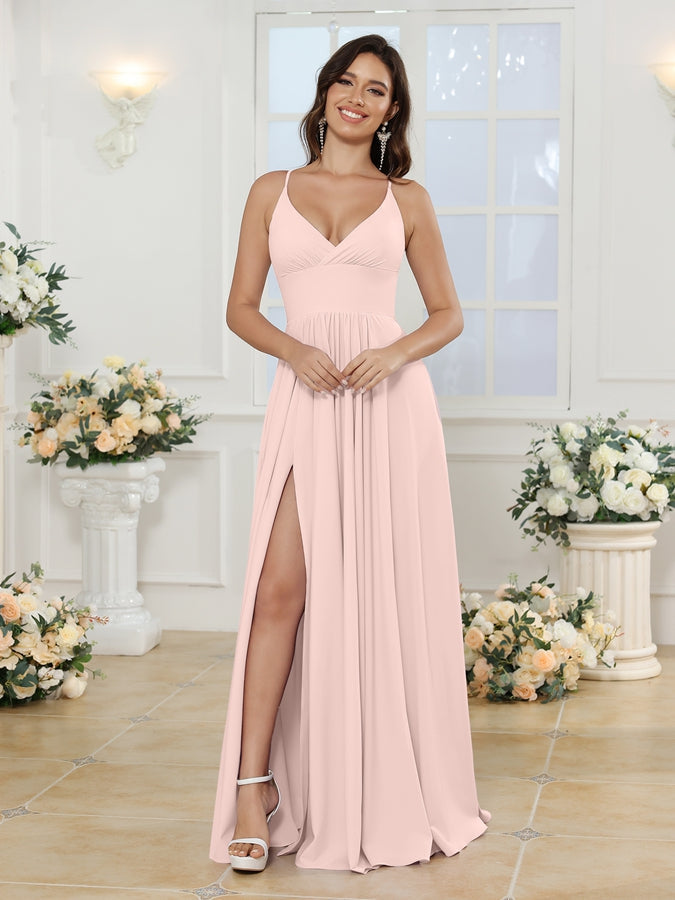Vestidos Longos para Festa de Casamento com Alças Finas e Fenda Lateral em Estilo A-Line/Princesa