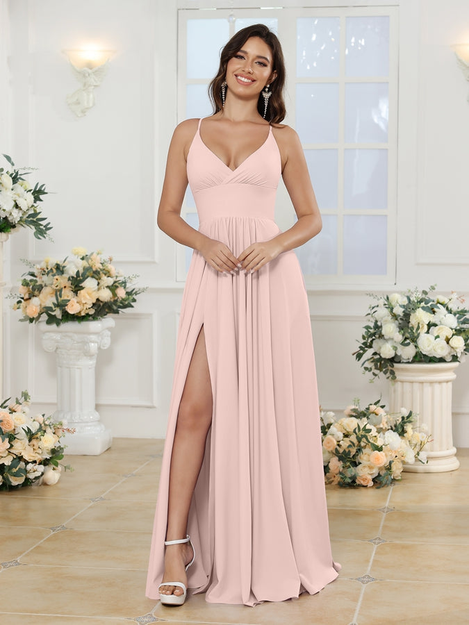 Vestidos Longos para Festa de Casamento com Alças Finas e Fenda Lateral em Estilo A-Line/Princesa