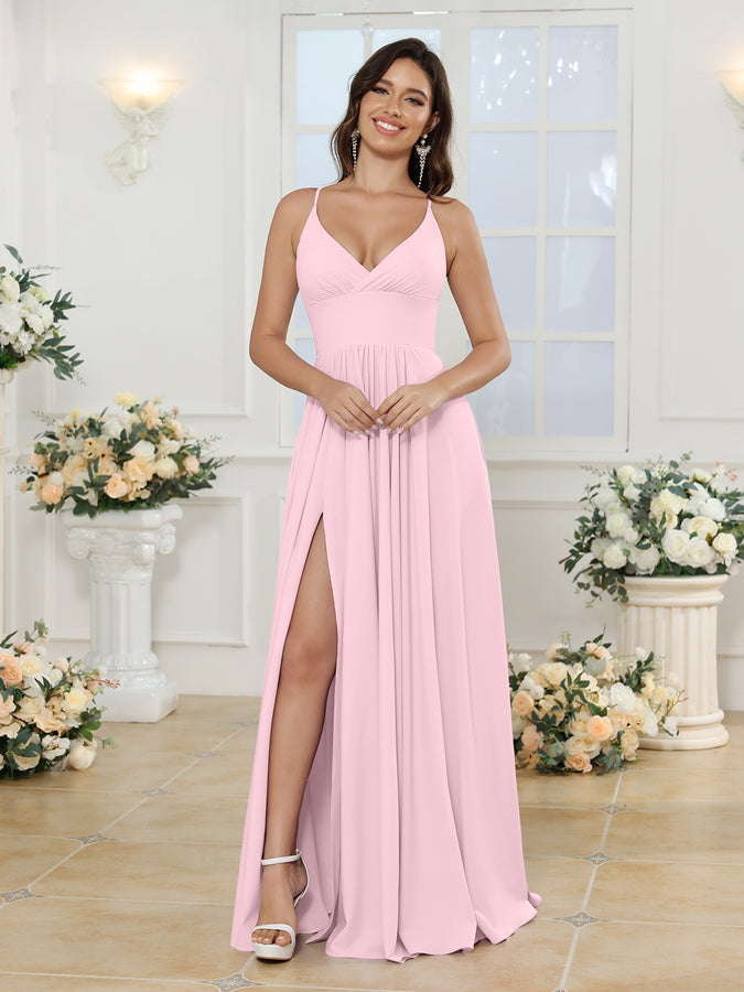 Vestidos Longos para Festa de Casamento com Alças Finas e Fenda Lateral em Estilo A-Line/Princesa