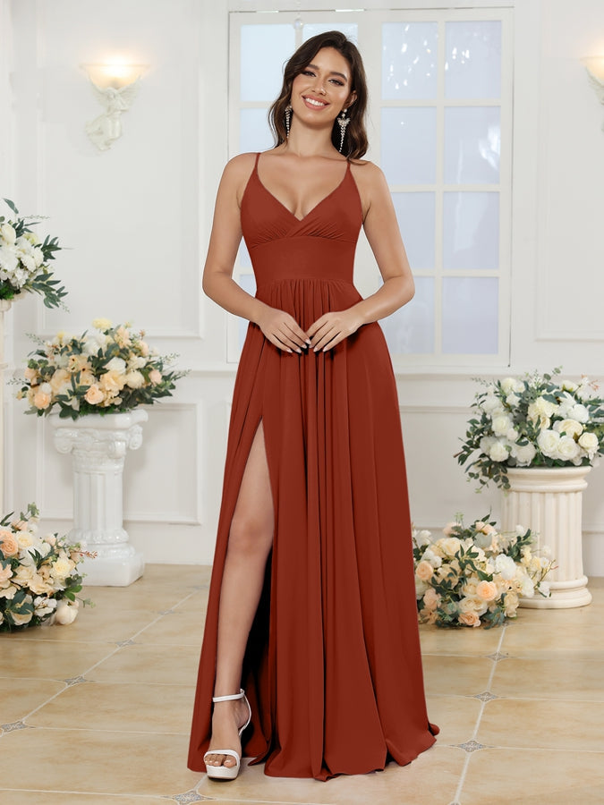 Vestidos Longos para Festa de Casamento com Alças Finas e Fenda Lateral em Estilo A-Line/Princesa