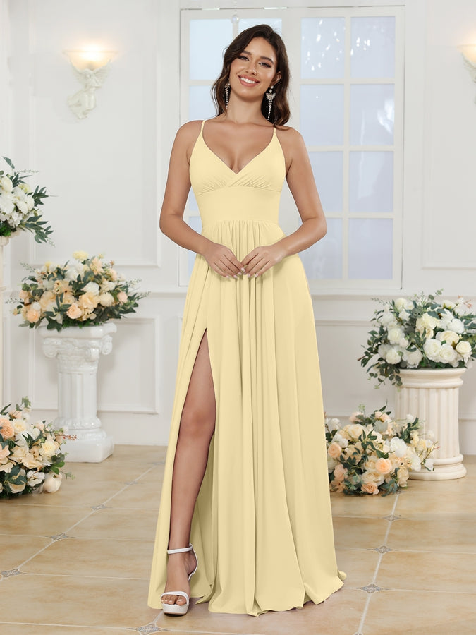 Vestidos Longos para Festa de Casamento com Alças Finas e Fenda Lateral em Estilo A-Line/Princesa
