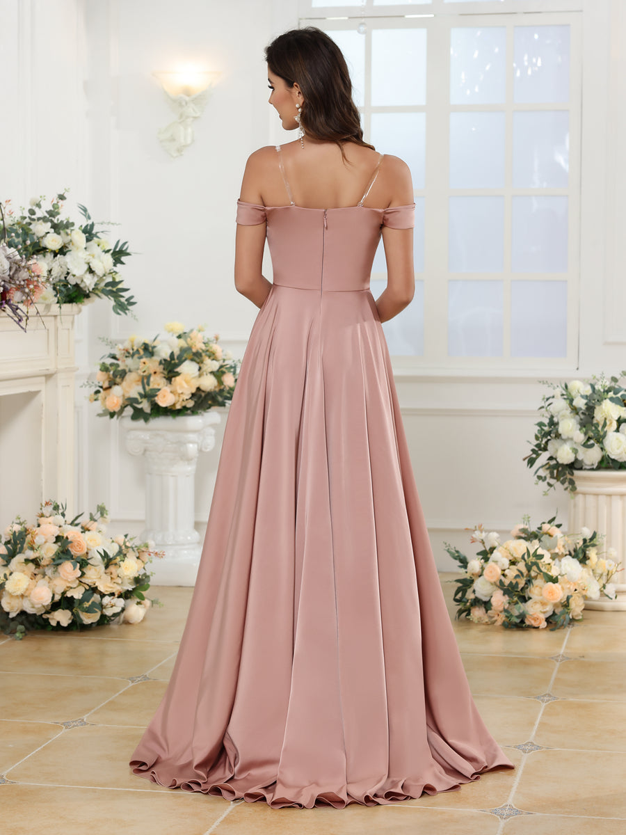 Vestidos Longos para Festa de Casamento com Ombros à Mostra e Fenda Lateral em Estilo A-Line/Princesa