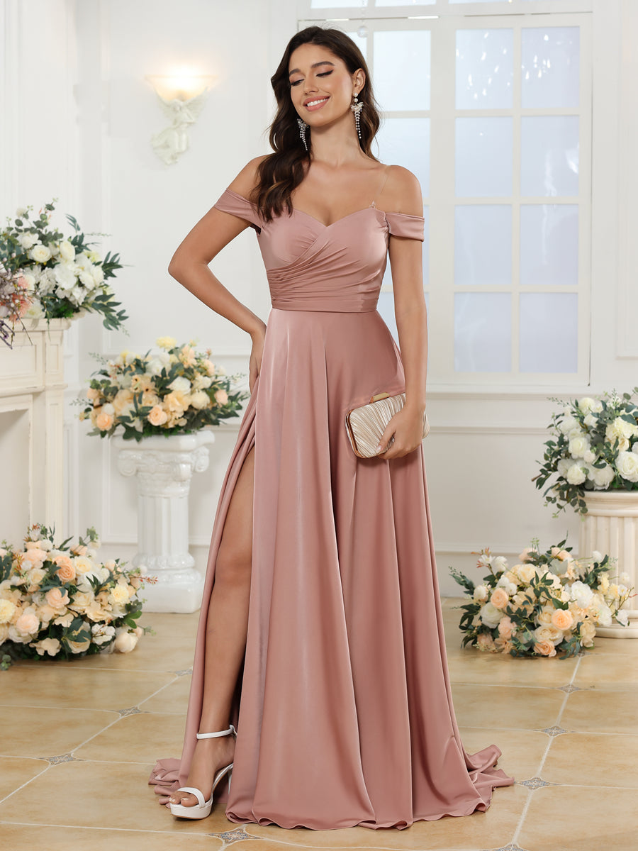 Vestidos Longos para Festa de Casamento com Ombros à Mostra e Fenda Lateral em Estilo A-Line/Princesa