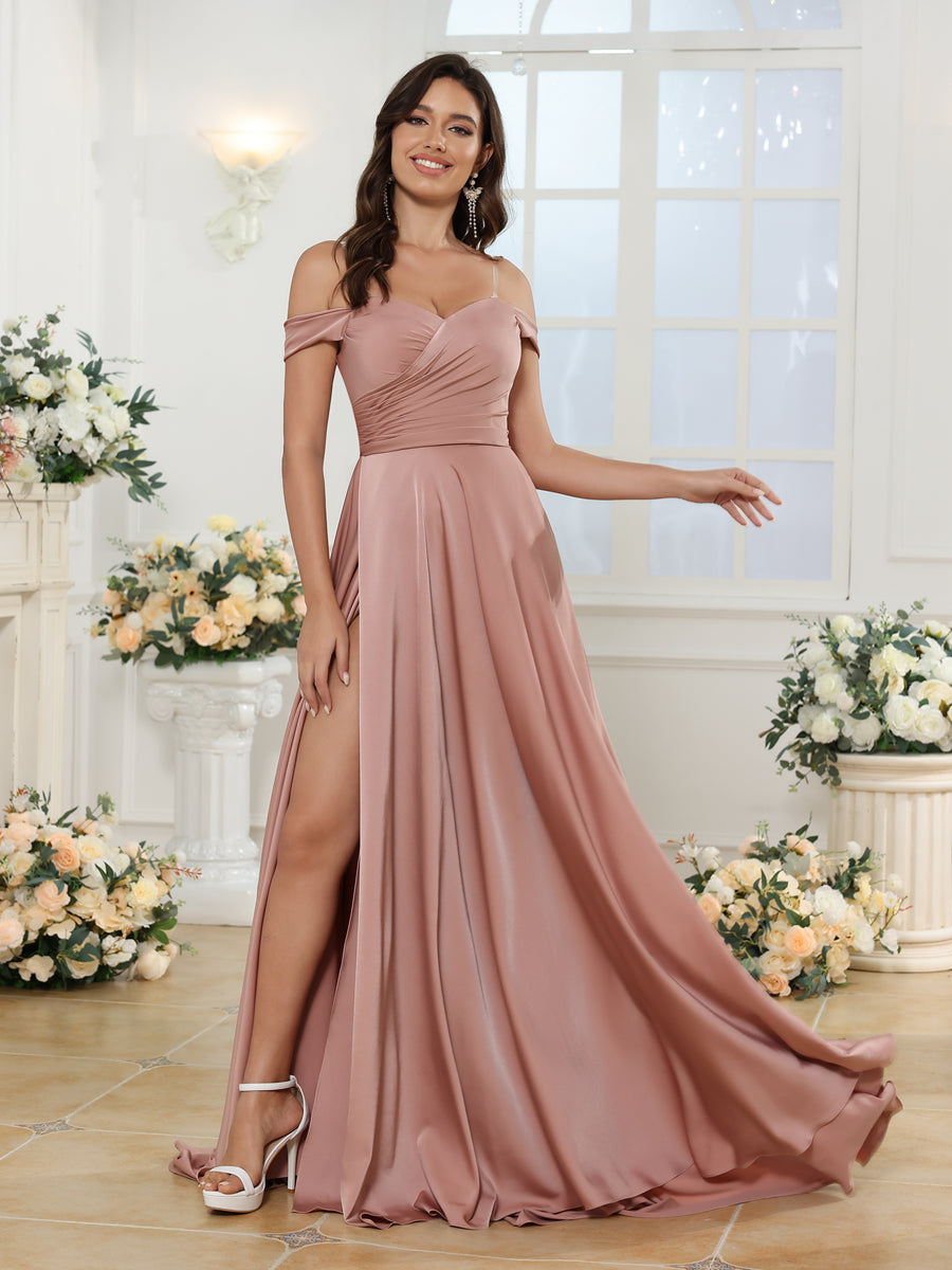 Vestidos Longos para Festa de Casamento com Ombros à Mostra e Fenda Lateral em Estilo A-Line/Princesa