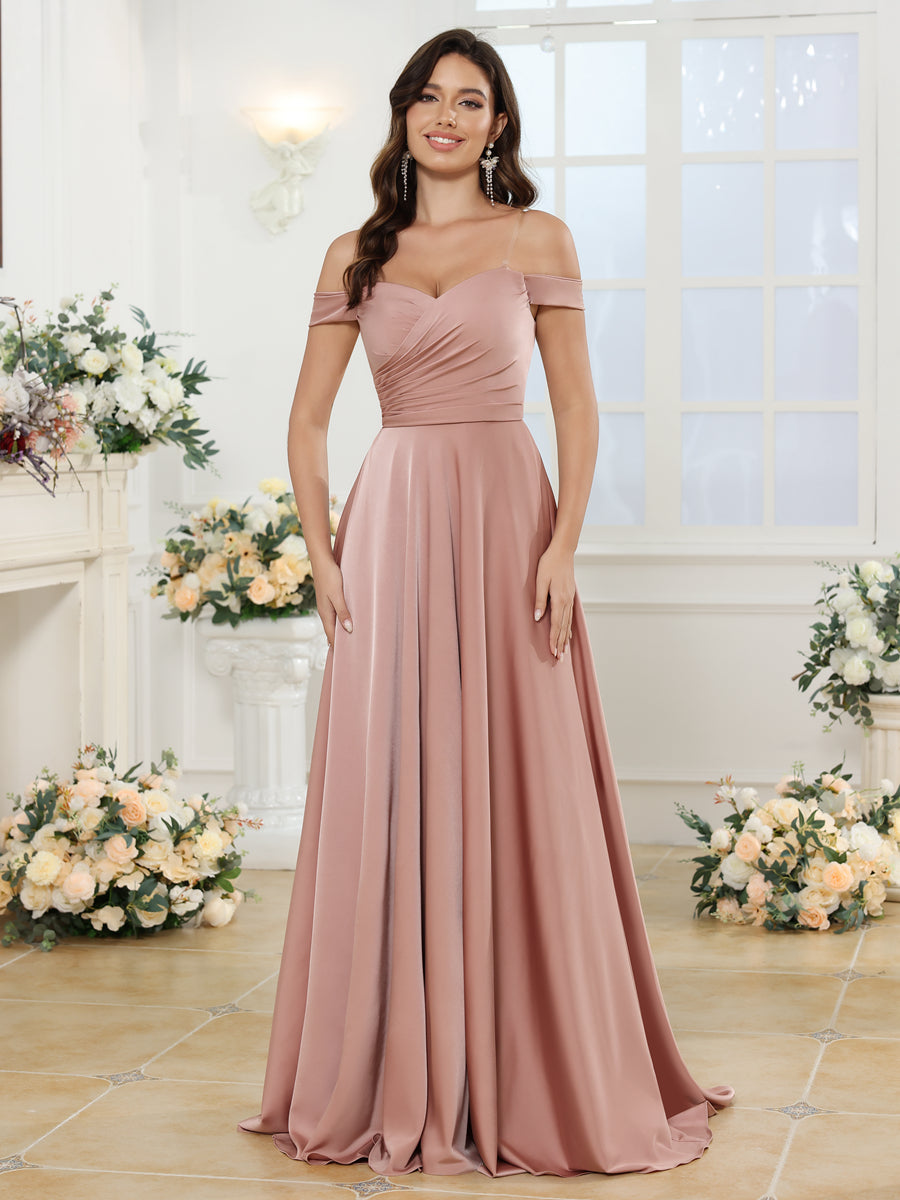Vestidos Longos para Festa de Casamento com Ombros à Mostra e Fenda Lateral em Estilo A-Line/Princesa